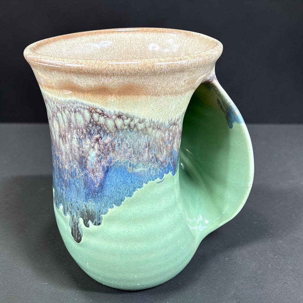 Neher Studio Pottery Hand Warmer Mug Artist Signed Green Blue Drip Glaze Cup